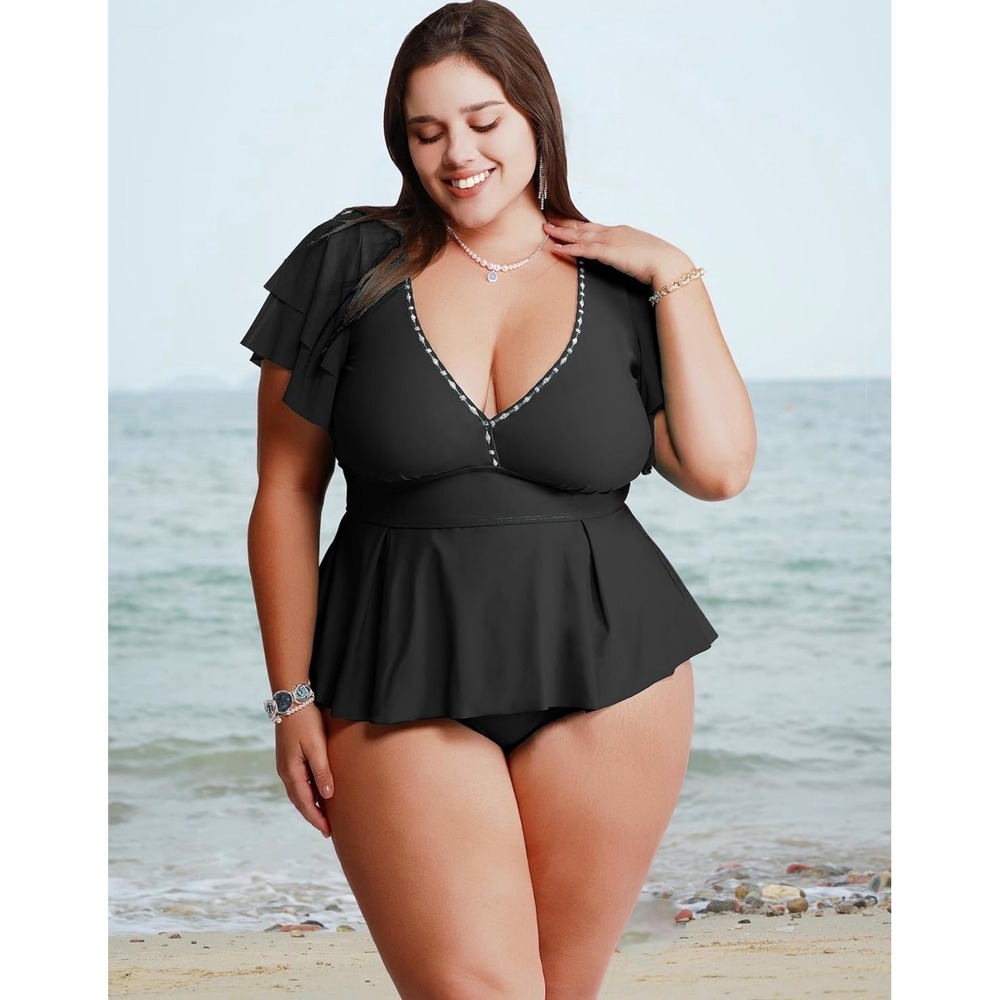 NEW Curvagile Plus Size Tankini Swim Top Ruffle Black 4X Summer Beach Vacation